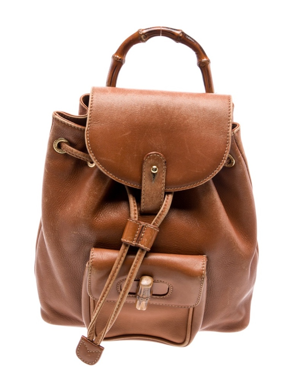Authentic GUCCI Vintage Bamboo Leather Backpack Calfskin Tan Brown + dust bag